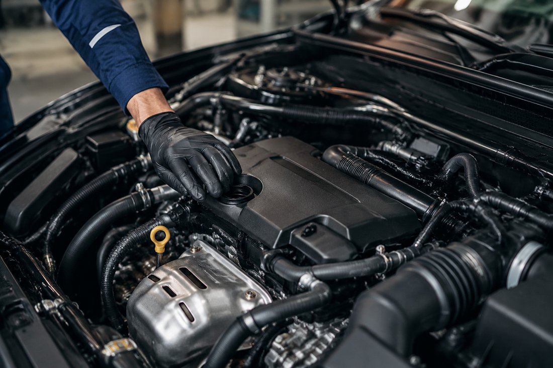 Modern car engine bay during an engine oil service