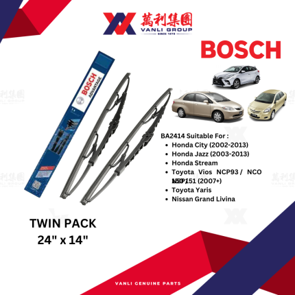 BOSCH Advantage wiper blade 24&quot; &amp; 14&quot; (set) for HONDA City , Jazz, Stream , Toyota Vios, Yaris &amp; Nissan Grand Livina -BA2414