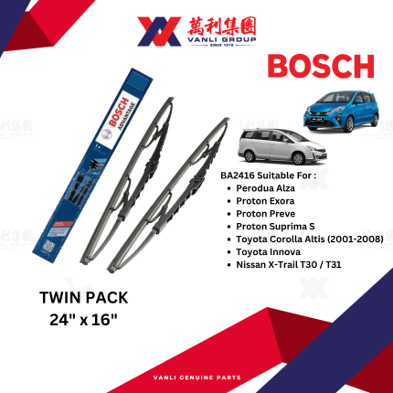 BOSCH Advantage wiper blade 24&quot; &amp; 16&quot; (set)for PERODUA Alza, PROTON Exora, Preve, Suprima S, TOYOTA &amp; Nissan -BA2416