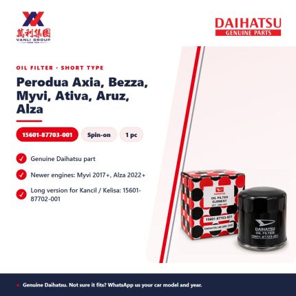 Daihatsu Genuine Oil Filter 15601-87703-001 for Perodua Axia, Bezza, Myvi, Ativa, Aruz, Alza