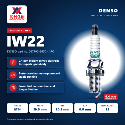DENSO Motorcycle Spark Plug Iridium Power IW22 - 067700-8670 (1pc)