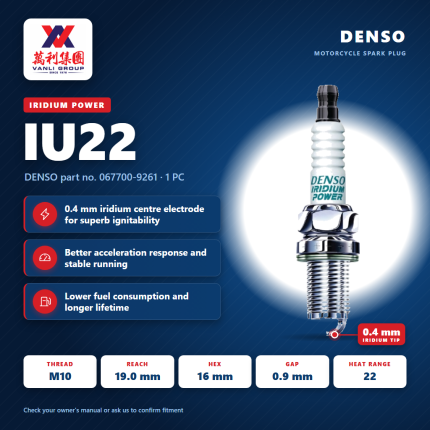 DENSO Motorcycle Spark Plug Iridium Power IU22 - 067700-9261 (1pc)