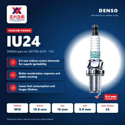 DENSO Motorcycle Spark Plug Iridium Power IU24 - 067700-9270 (1pc)