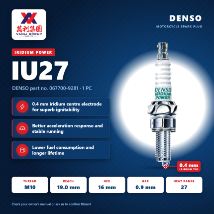 DENSO Motorcycle Spark Plug Iridium Power IU27 for YAMAHA and KAWASAKI- 067700-9281 (1pc)