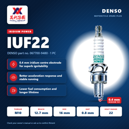 DENSO Motorcycle Iridium Power IUF22 - 067700-9480 (1PC)