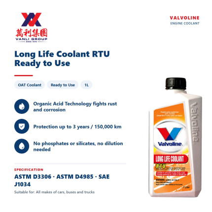 Valvoline Long Life Coolant (1L) - Ready to Use Car Coolant