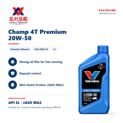 Valvoline Champ 4T 20W50 Premium Mineral Motorcycle Engine Oil 1L